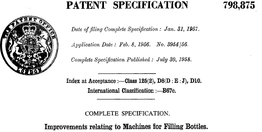 GB798875 (A) - Improvements relating to machines for filling bottles